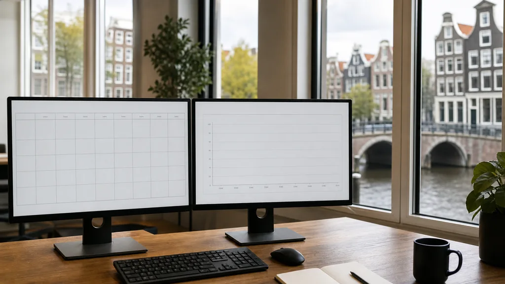 Editorial photograph of an empty marketing agency workspace in an Amsterdam canal house office with tall windows onto gables, a bridge and flat northern light