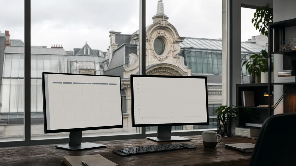 Editorial photograph of an empty marketing agency workspace in a Brussels office with tall windows onto art nouveau rooftops, glass canopies and soft grey light