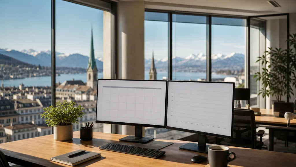 Editorial photograph of an empty marketing agency workspace in a Zurich office with tall windows onto lakeside rooftops, spires and distant alpine peaks