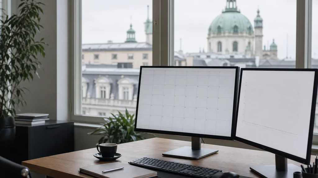 Editorial photograph of an empty marketing agency workspace in a Vienna office with tall windows onto imperial rooftops, green copper domes and pale winter light