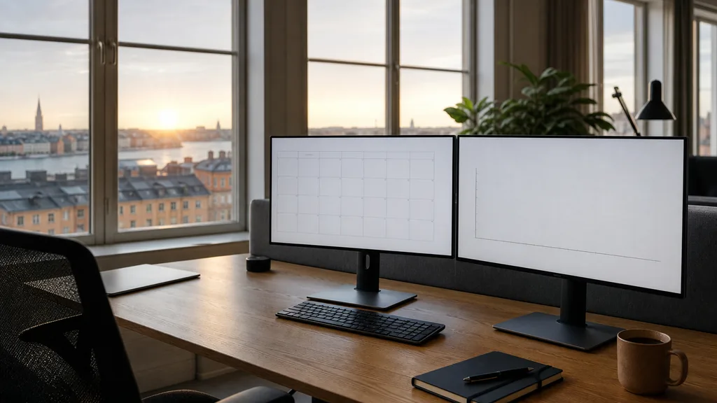 Editorial photograph of an empty marketing agency workspace in a Stockholm office with tall windows onto ochre rooftops, water and a low Nordic sun