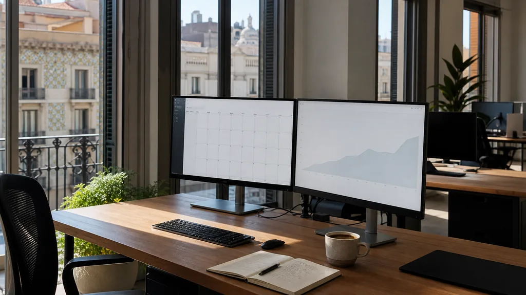 Editorial photograph of an empty marketing agency workspace in a Barcelona office with tall windows onto Eixample rooftops, tiled facades and bright Mediterranean light