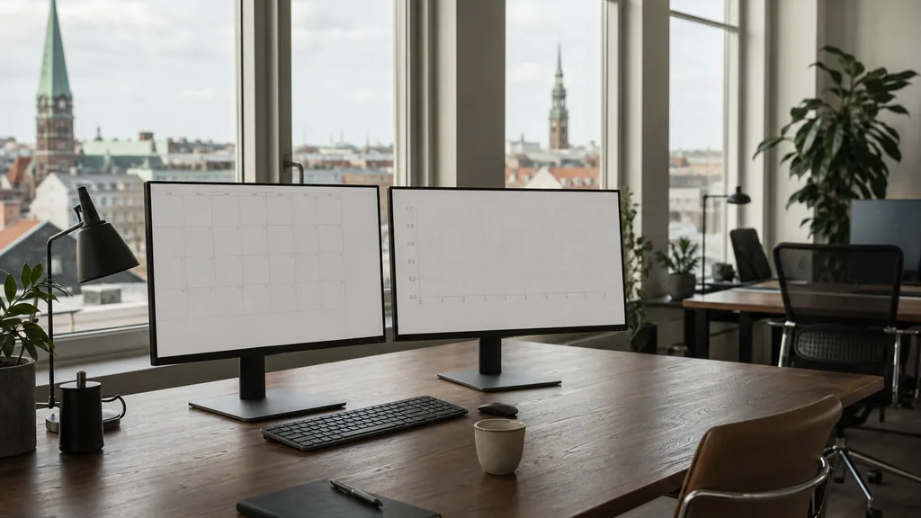 Editorial photograph of an empty marketing agency workspace in a Copenhagen office with tall windows onto harbour rooftops, copper spires and soft Nordic light
