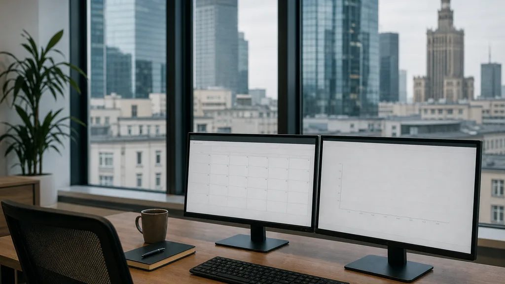 Editorial photograph of an empty marketing agency workspace in a Warsaw office with tall windows onto glass towers, postwar rooftops and flat grey light
