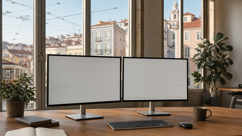 Editorial photograph of an empty marketing agency workspace in a Lisbon office with tall windows onto pastel tiled rooftops, tram wires and bright Atlantic light