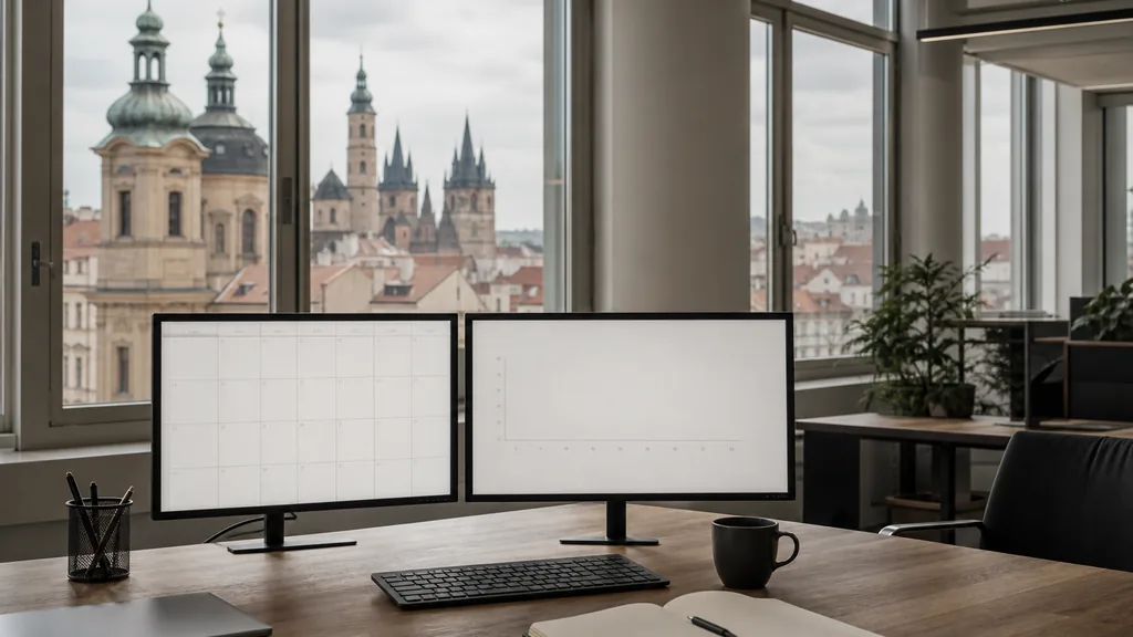 Editorial photograph of an empty marketing agency workspace in a Prague office with tall windows onto baroque rooftops, spires and pale overcast light