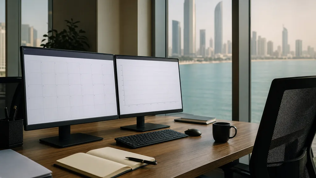 Editorial photograph of an empty marketing agency workspace in a Abu Dhabi office with tall windows onto corniche towers, water and hazy desert light