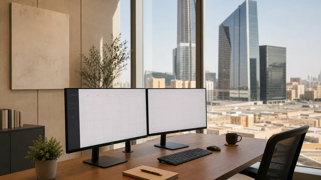 Editorial photograph of an empty marketing agency workspace in a Riyadh office with tall windows onto glass towers, sand-coloured blocks and dry desert light