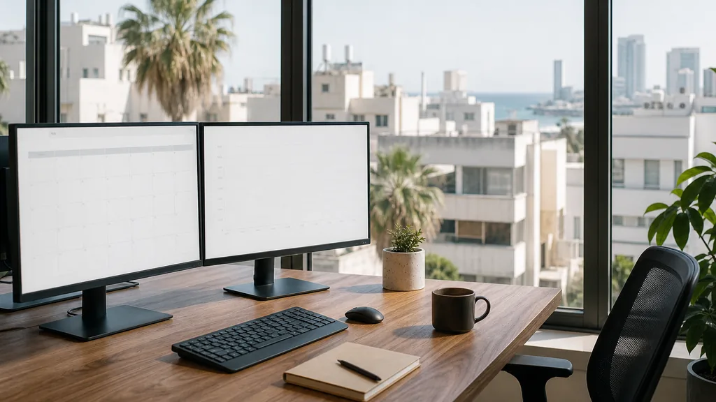 Editorial photograph of an empty marketing agency workspace in a Tel Aviv office with tall windows onto Bauhaus rooftops, palm crowns and bright coastal light
