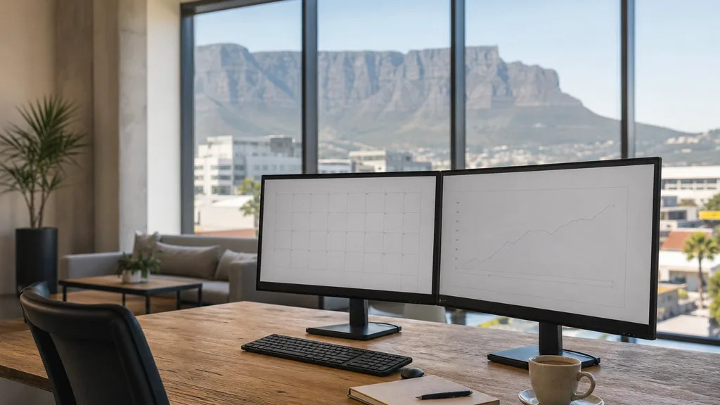 Editorial photograph of an empty marketing agency workspace in a Cape Town office with tall windows onto Table Mountain, low rooftops and clear southern light