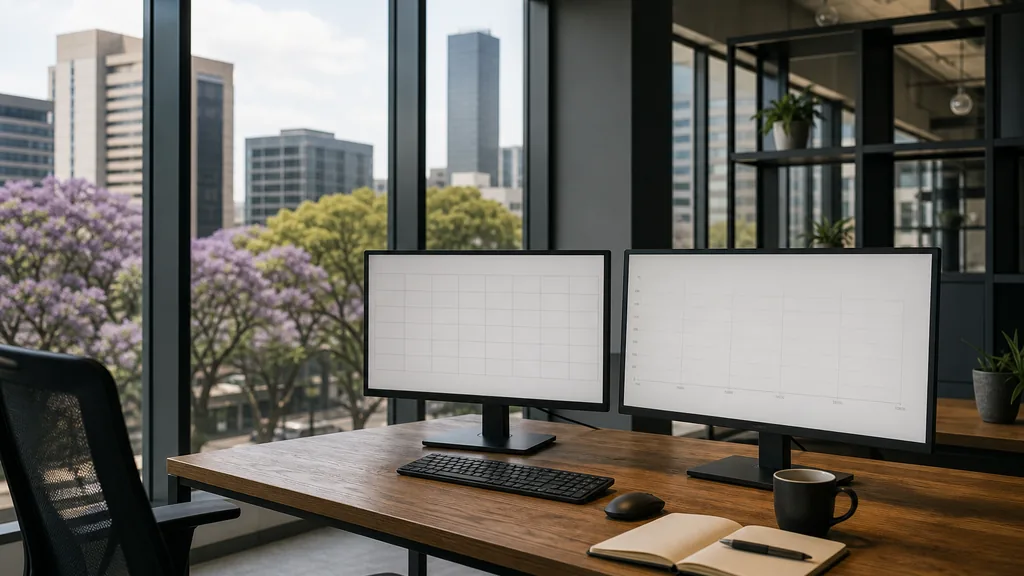 Editorial photograph of an empty marketing agency workspace in a Johannesburg office with tall windows onto office towers, jacaranda canopy and high veld light
