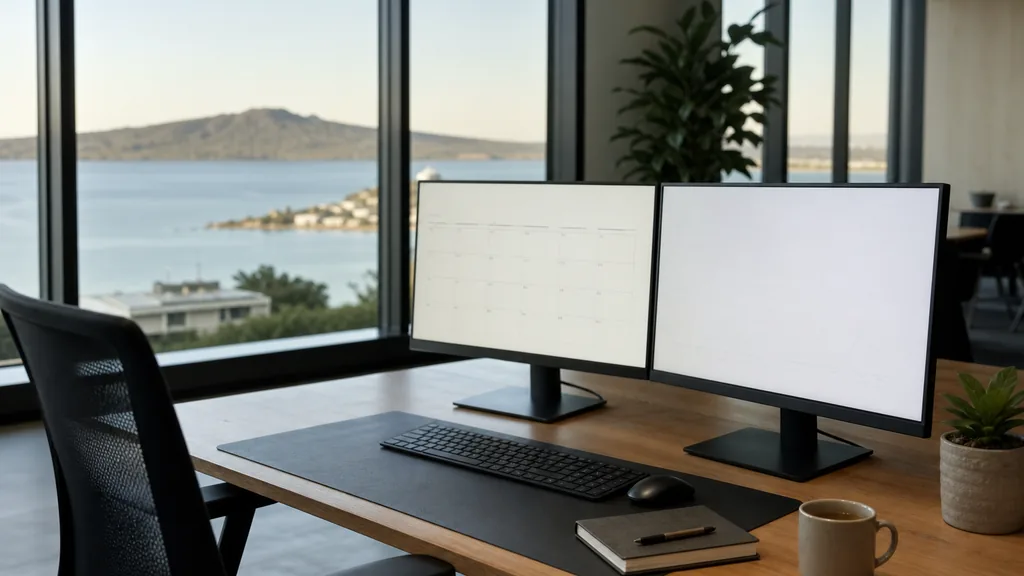 Editorial photograph of an empty marketing agency workspace in an Auckland office with tall windows onto harbour water, low volcanic hills and clear southern light