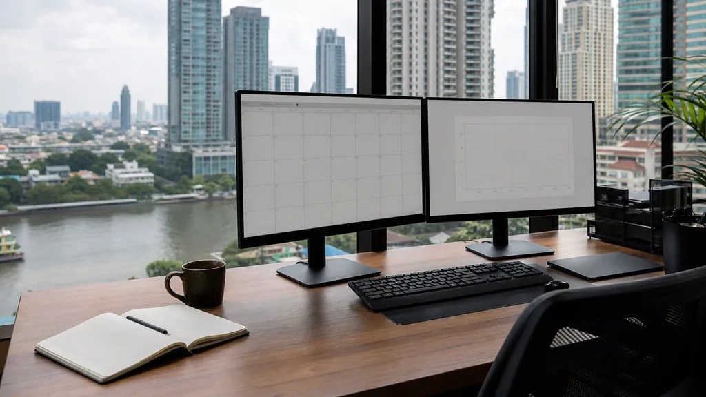Editorial photograph of an empty marketing agency workspace in a Bangkok office with tall windows onto dense river-city towers and humid tropical light