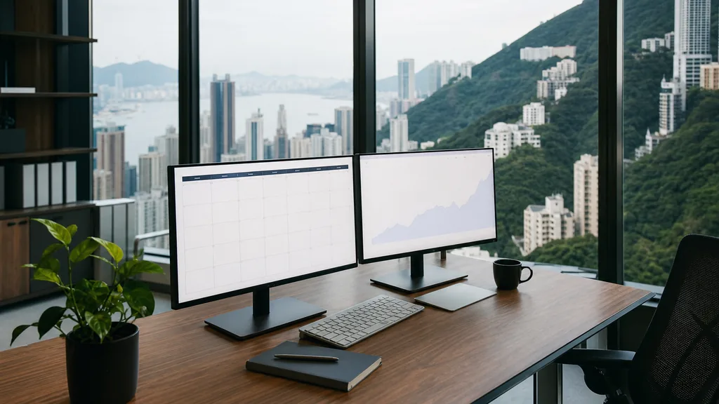 Editorial photograph of an empty marketing agency workspace in a Hong Kong office with tall windows onto harbour towers, steep green hillsides and bright coastal haze