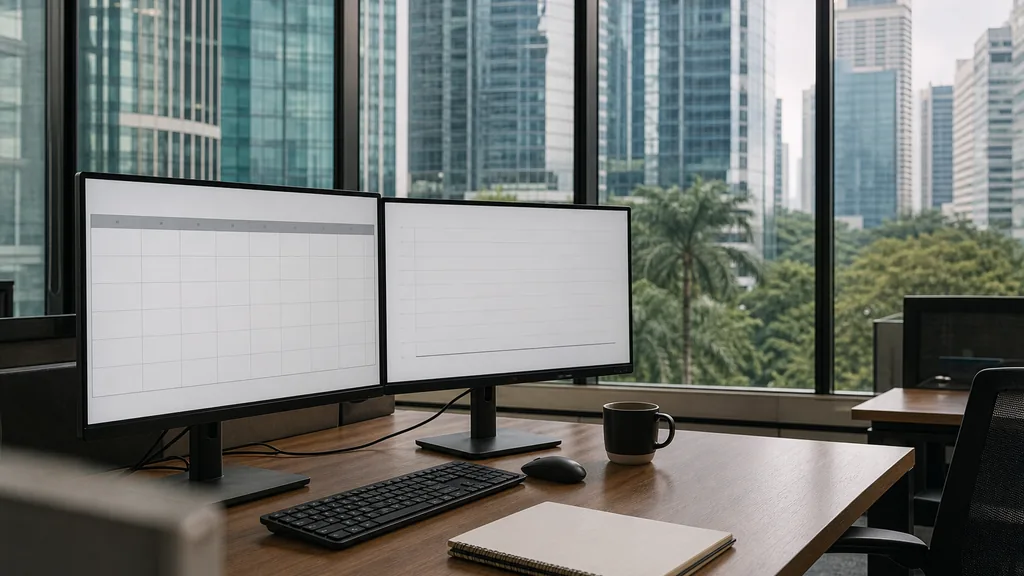Editorial photograph of an empty marketing agency workspace in a Kuala Lumpur office with tall windows onto glass towers, palm canopy and humid equatorial light