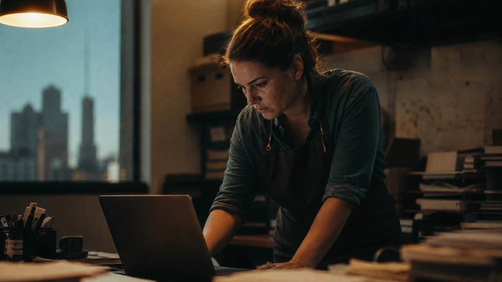 A small-business owner in an apron leaning over a laptop on a cluttered back-office desk late in the day, photographed in Fort Worth