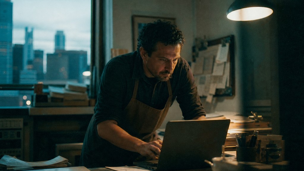 A small-business owner in an apron leaning over a laptop on a cluttered back-office desk late in the day, photographed in Fort Worth