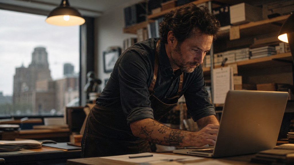 A small-business owner in an apron leaning over a laptop on a cluttered back-office desk late in the day, photographed in Fort Worth