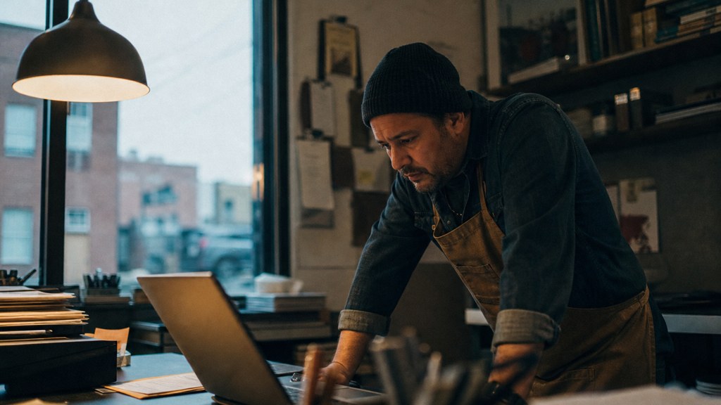 A small-business owner in an apron leaning over a laptop on a cluttered back-office desk late in the day, photographed in Fort Worth