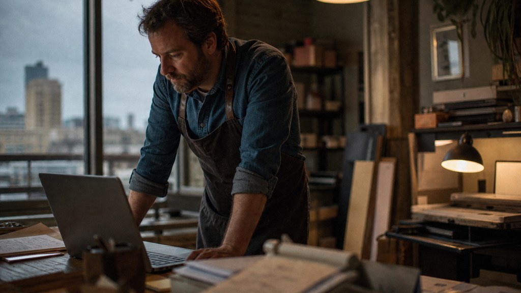 A small-business owner in an apron leaning over a laptop on a cluttered back-office desk late in the day, photographed in Fort Worth