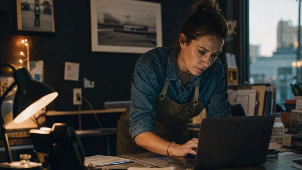 A small-business owner in an apron leaning over a laptop on a cluttered back-office desk late in the day, photographed in Fort Worth