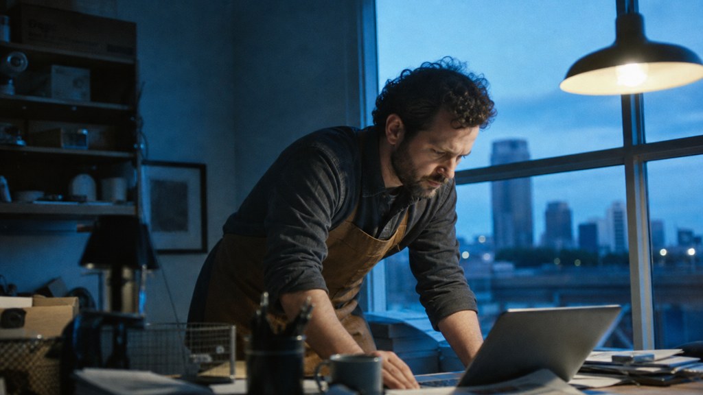 A small-business owner in an apron leaning over a laptop on a cluttered back-office desk late in the day, photographed in Fort Worth