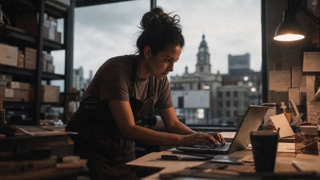 A small-business owner in an apron leaning over a laptop on a cluttered back-office desk late in the day, photographed in Fort Worth