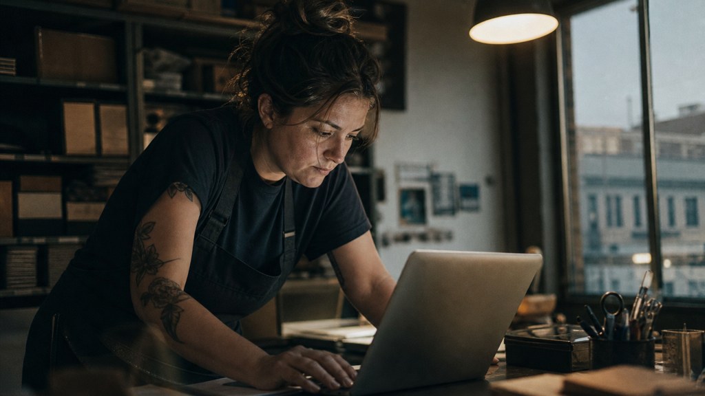 A small-business owner in an apron leaning over a laptop on a cluttered back-office desk late in the day, photographed in Fort Worth