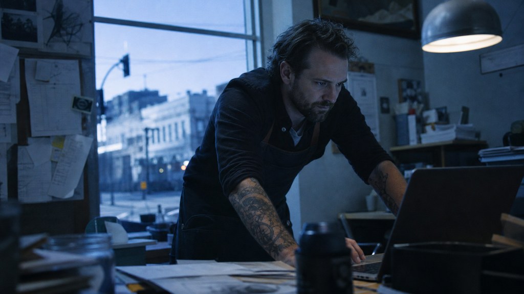 A small-business owner in an apron leaning over a laptop on a cluttered back-office desk late in the day, photographed in Fort Worth