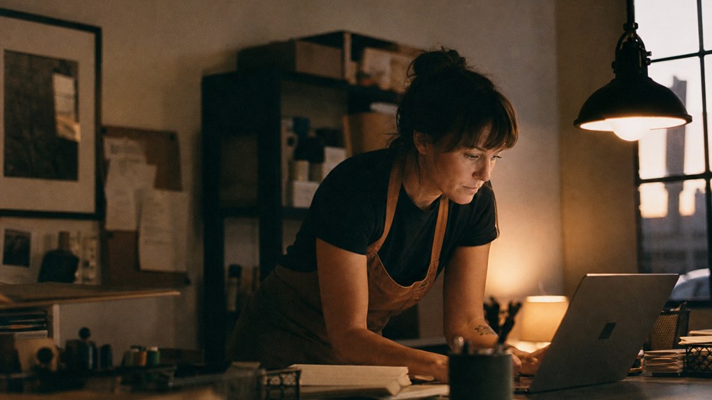 A small-business owner in an apron leaning over a laptop on a cluttered back-office desk late in the day, photographed in Fort Worth