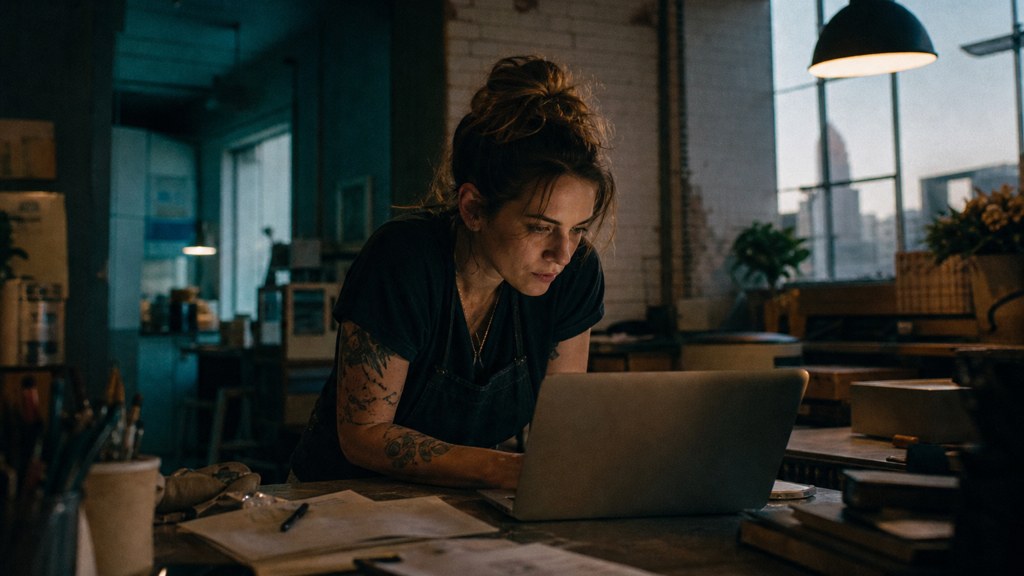 A small-business owner in an apron leaning over a laptop on a cluttered back-office desk late in the day, photographed in Fort Worth