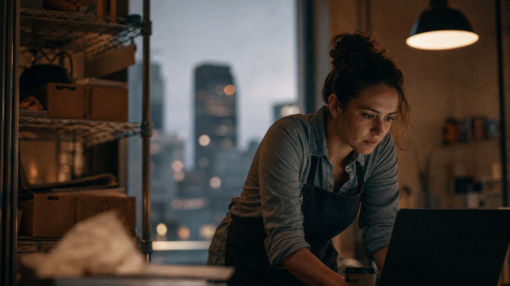 A small-business owner in an apron leaning over a laptop on a cluttered back-office desk late in the day, photographed in Fort Worth