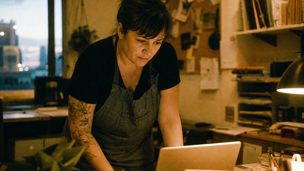 A small-business owner in an apron leaning over a laptop on a cluttered back-office desk late in the day, photographed in Fort Worth