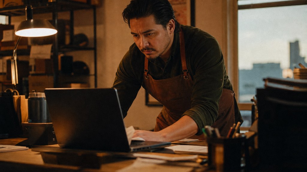A small-business owner in an apron leaning over a laptop on a cluttered back-office desk late in the day, photographed in Fort Worth