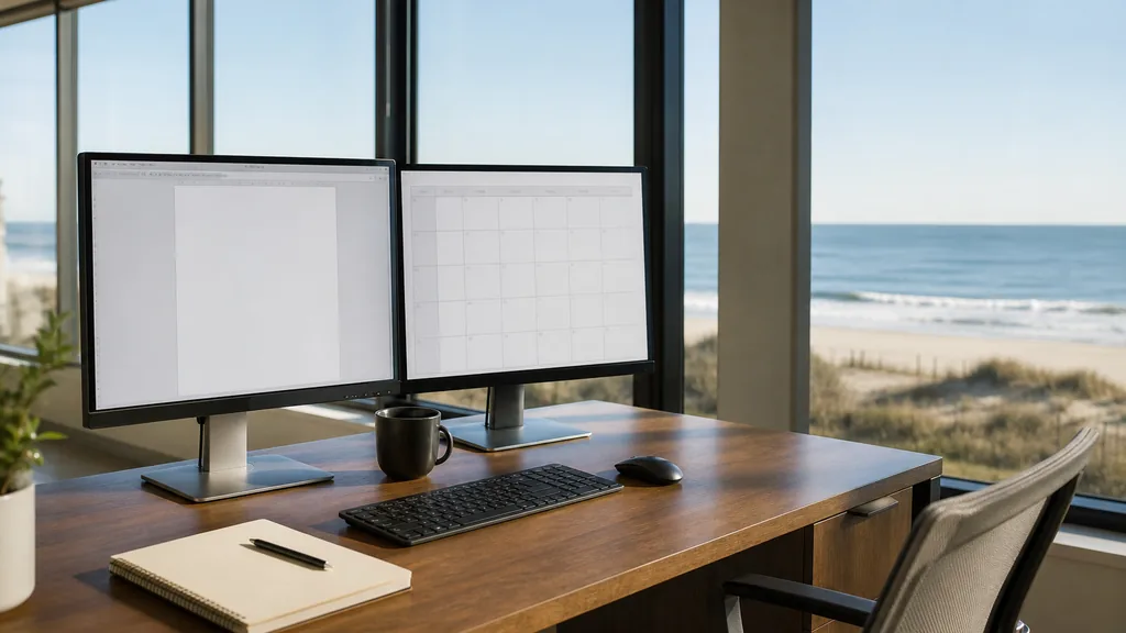 Editorial photograph of an empty marketing agency workspace in a Virginia Beach office with tall windows onto a wide Atlantic shoreline, low dunes and clear coastal light