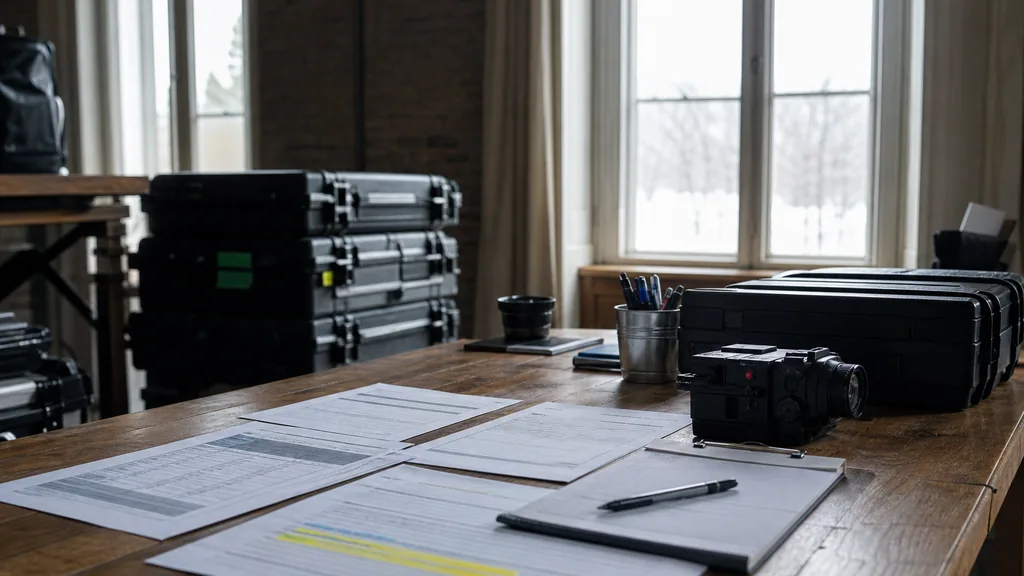 Editorial photograph of a Quebec City video production office with camera cases, printed bilingual call sheets and cool northern light on a dark wooden table