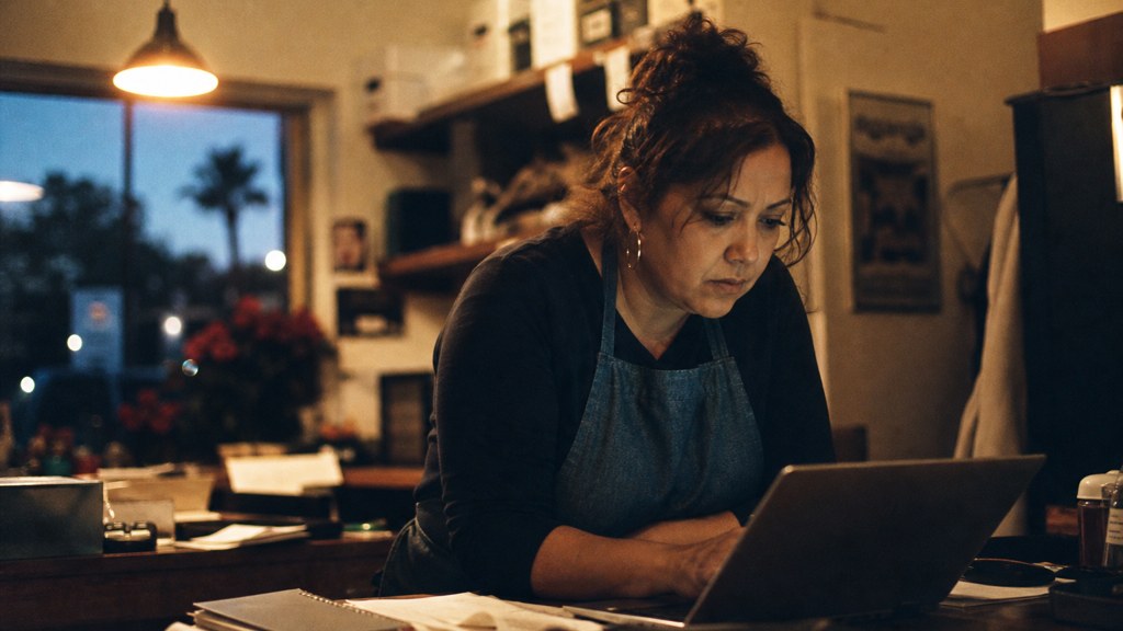 A small-business owner in an apron leaning over a laptop on a cluttered back-office desk late in the day, photographed in Fresno