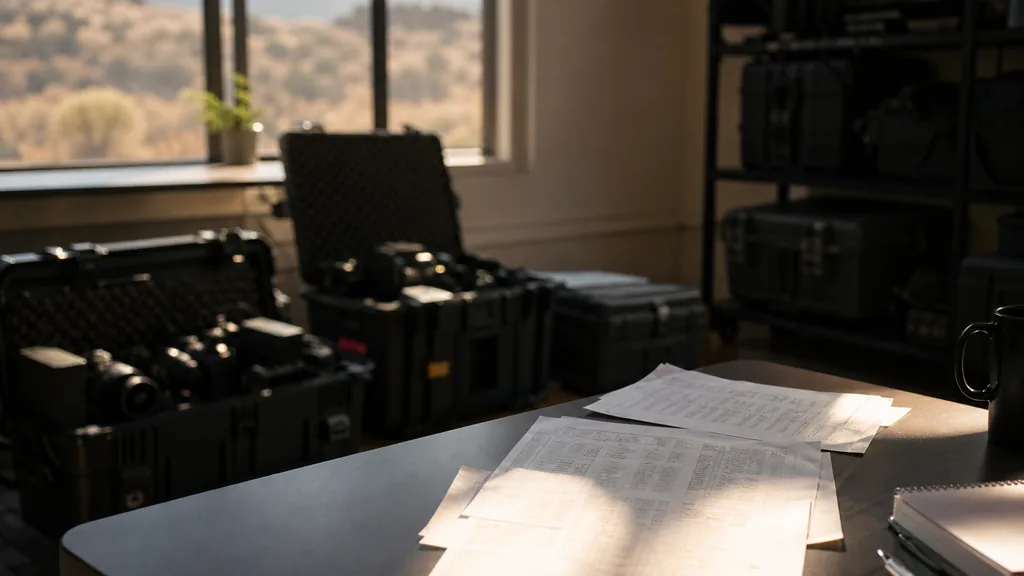 Editorial photograph of a Reno video production office with camera cases, printed shot lists and high desert morning light on a dark table