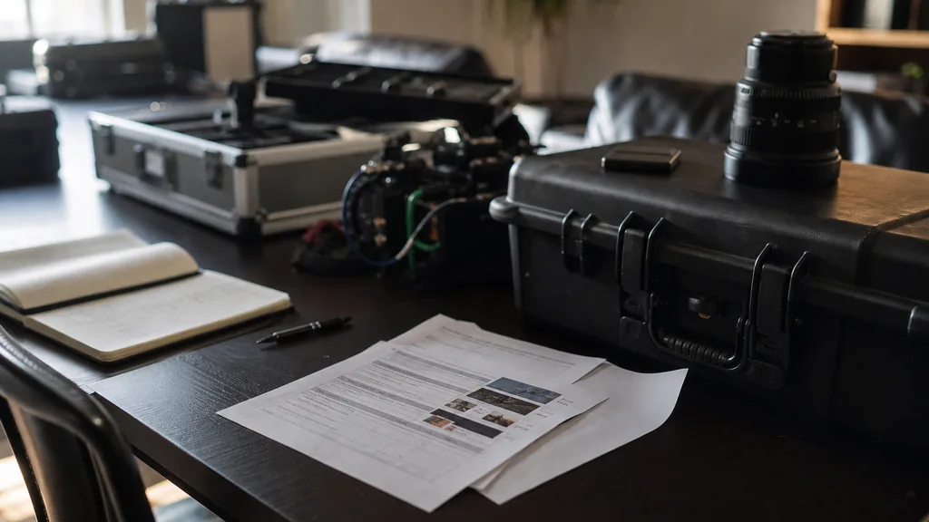 Editorial photograph of a Riverside video production office with camera cases, printed call sheets and warm Inland Empire afternoon light on a dark table