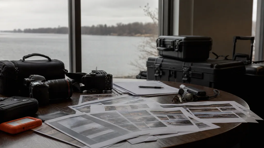 Editorial photograph of a Rochester video production office with camera cases, printed storyboards and grey lakeside daylight on a dark wooden table