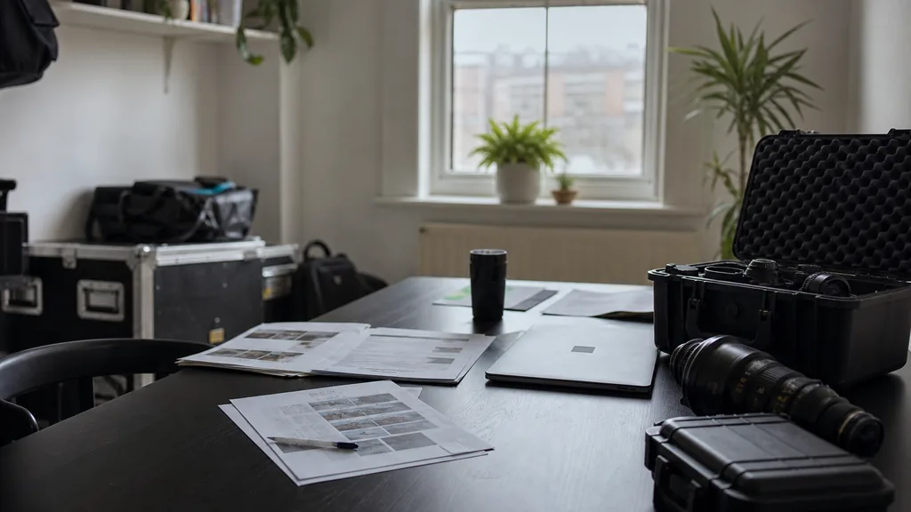 Editorial photograph of a Sheffield video production office with camera cases, printed call sheets and soft northern English daylight on a dark table