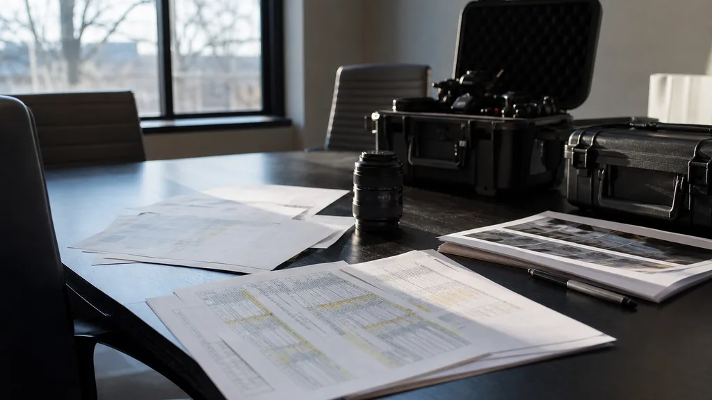 Editorial photograph of a Stamford video production office with camera cases, printed call sheets and cool New England morning light on a dark table