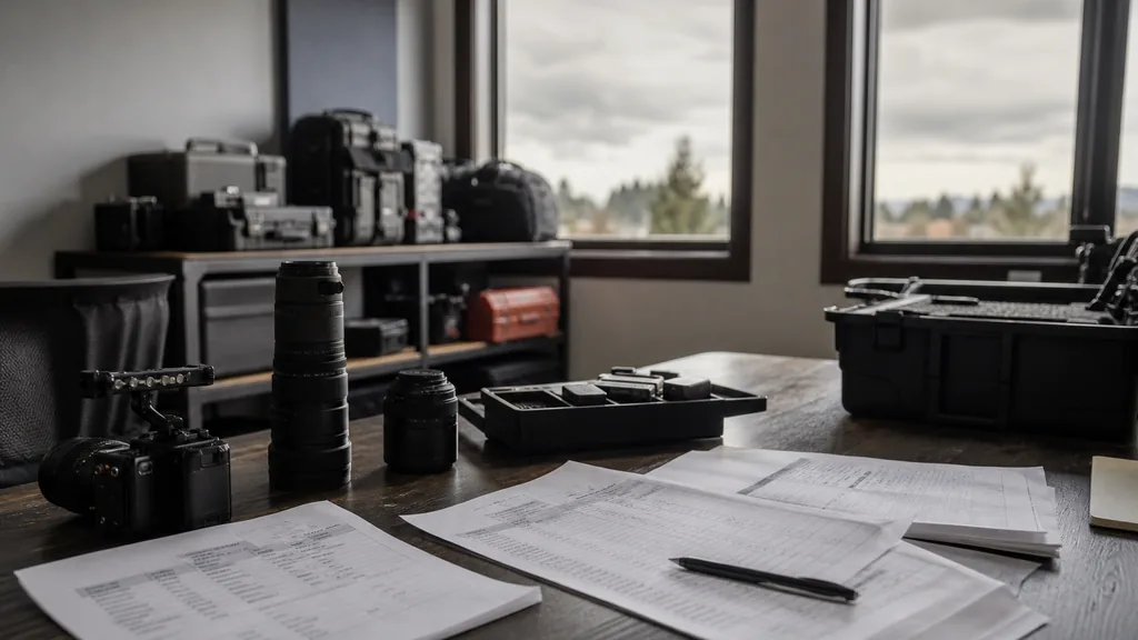 Editorial photograph of a Tacoma video production office with camera cases, printed shot lists and soft Puget Sound daylight on a dark wooden table
