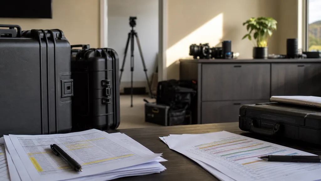 Editorial photograph of a Santa Clarita video production office with camera cases, printed call sheets and warm Southern California light on a dark table