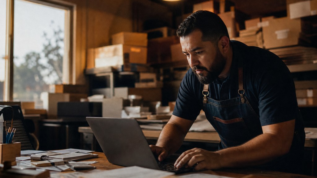 A small-business owner in an apron leaning over a laptop on a cluttered back-office desk late in the day, photographed in Fresno