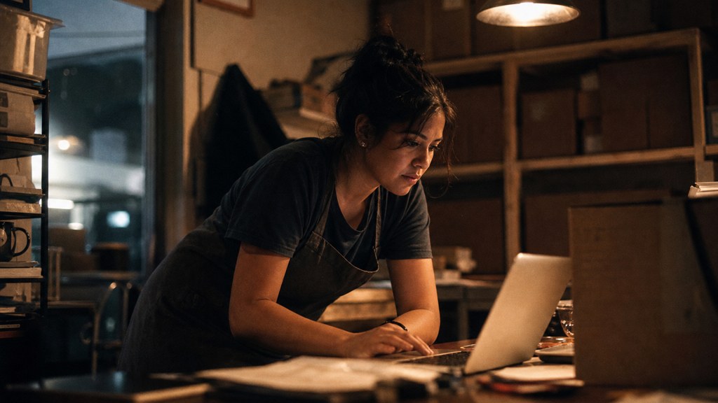 A small-business owner in an apron leaning over a laptop on a cluttered back-office desk late in the day, photographed in Fresno