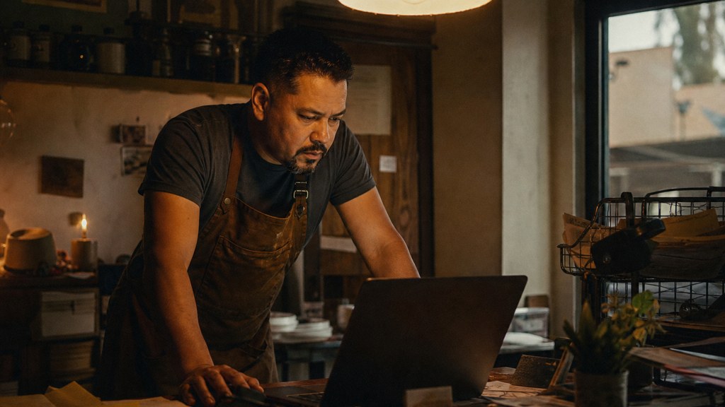 A small-business owner in an apron leaning over a laptop on a cluttered back-office desk late in the day, photographed in Fresno