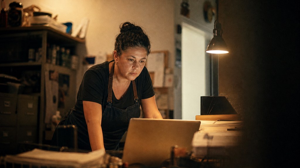 A small-business owner in an apron leaning over a laptop on a cluttered back-office desk late in the day, photographed in Fresno