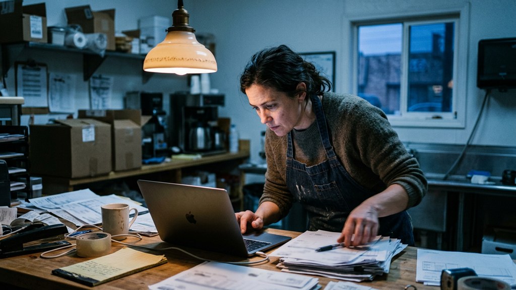 A small-business owner in an apron leaning over a laptop on a cluttered back-office desk late in the day, photographed in Fresno