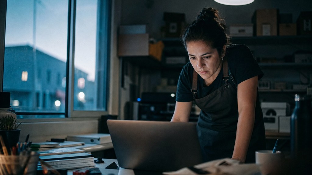 A small-business owner in an apron leaning over a laptop on a cluttered back-office desk late in the day, photographed in Fresno